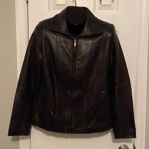 Black leather Jones New York zip up jacket in size small